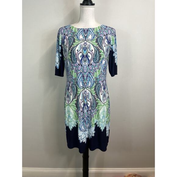 Eliza J Dress size 6 Blue Green White Paisley Straight Stretch Modest Career - Picture 2 of 11